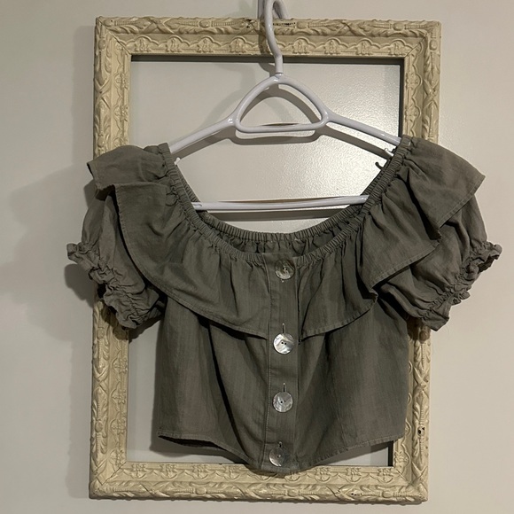 TOPSHOP | Olive Green Off-Shoulder Ruffle Top - Picture 2 of 10